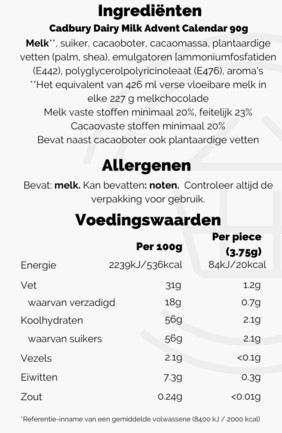 Cadbury adventcalender ingredienten