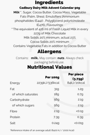 Cadbury adventcalender ingredients
